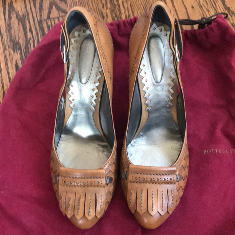Bottega Veneta Tan Leather Fringe Slingback Heels